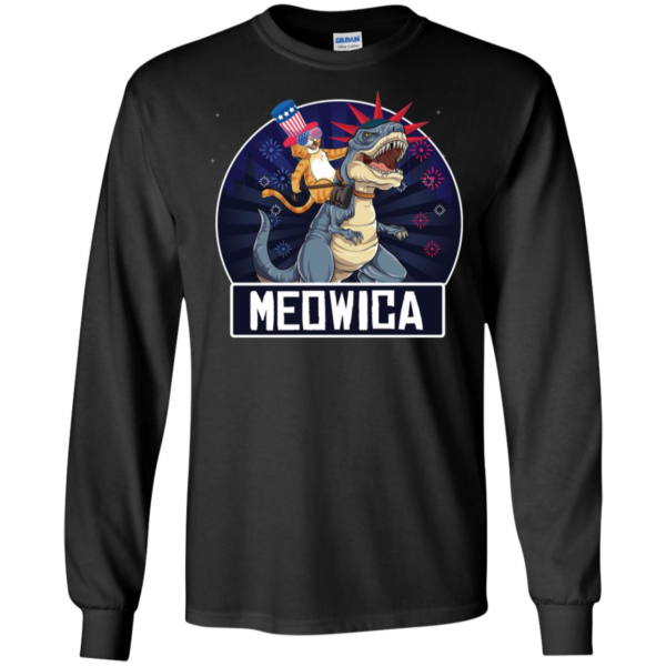 Meowica American Flag Cat T Rex Dinosaur 4th of July Long Sleeve T shirts, Hoodies