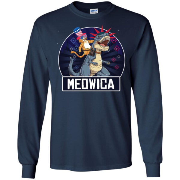 Meowica American Flag Cat T Rex Dinosaur 4th of July Long Sleeve T shirts, Hoodies