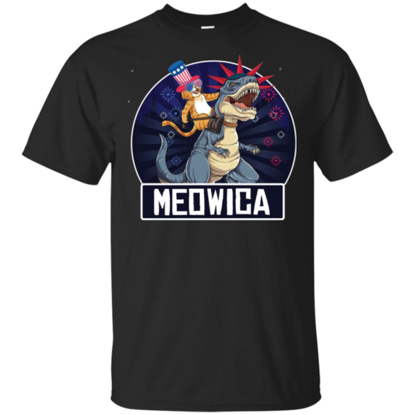 Meowica American Flag Cat T Rex Dinosaur 4th of July Men’s And Women’s T Shirts