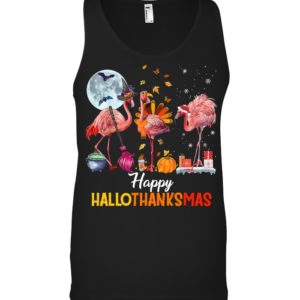 Flamingo Halloween And Merry Christmas Happy Hallothanksmas Shirt.