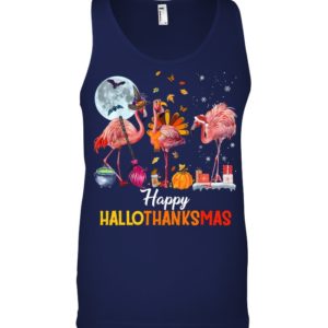 Flamingo Halloween And Merry Christmas Happy Hallothanksmas Shirt.