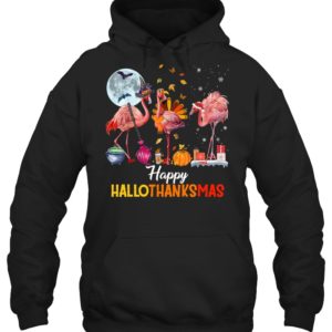 Flamingo Halloween And Merry Christmas Happy Hallothanksmas Shirt.