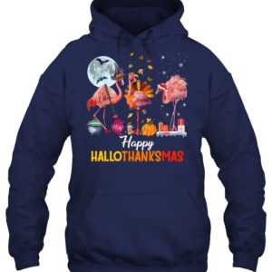Flamingo Halloween And Merry Christmas Happy Hallothanksmas Shirt.