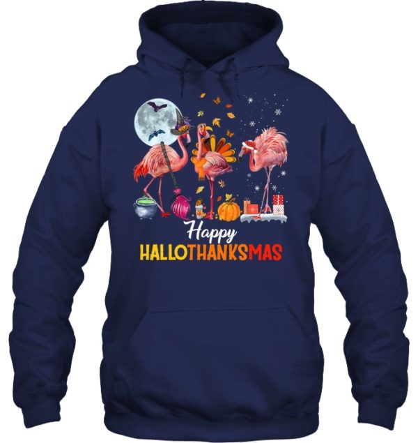 Flamingo Halloween And Merry Christmas Happy Hallothanksmas Shirt.
