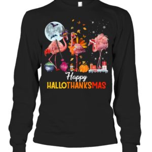 Flamingo Halloween And Merry Christmas Happy Hallothanksmas Shirt.