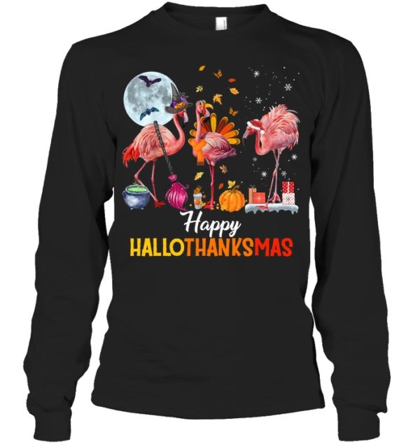 Flamingo Halloween And Merry Christmas Happy Hallothanksmas Shirt.