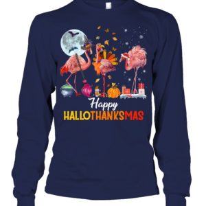 Flamingo Halloween And Merry Christmas Happy Hallothanksmas Shirt.
