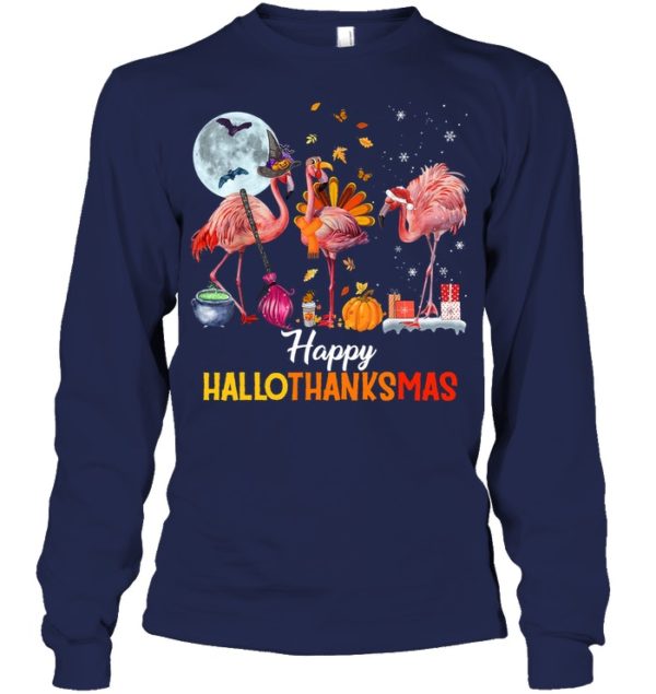 Flamingo Halloween And Merry Christmas Happy Hallothanksmas Shirt.