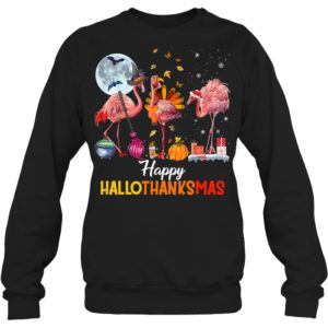 Flamingo Halloween And Merry Christmas Happy Hallothanksmas Shirt.