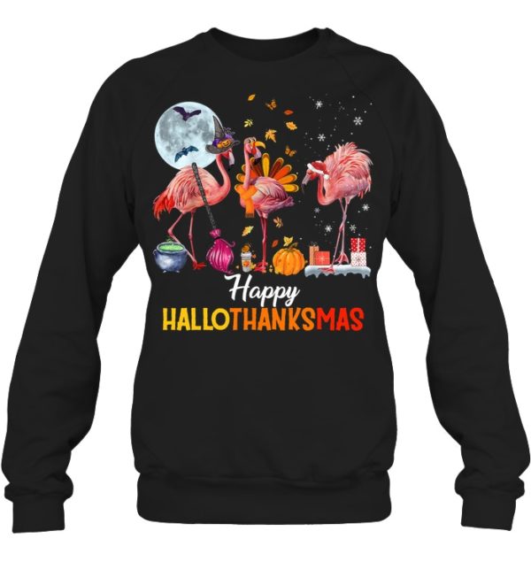 Flamingo Halloween And Merry Christmas Happy Hallothanksmas Shirt.