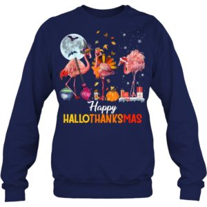 Flamingo Halloween And Merry Christmas Happy Hallothanksmas Shirt.