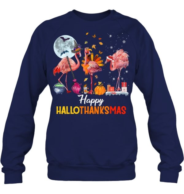 Flamingo Halloween And Merry Christmas Happy Hallothanksmas Shirt.