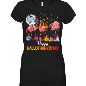 Flamingo Halloween And Merry Christmas Happy Hallothanksmas Shirt.