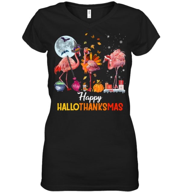 Flamingo Halloween And Merry Christmas Happy Hallothanksmas Shirt.