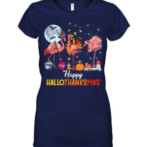 Flamingo Halloween And Merry Christmas Happy Hallothanksmas Shirt.