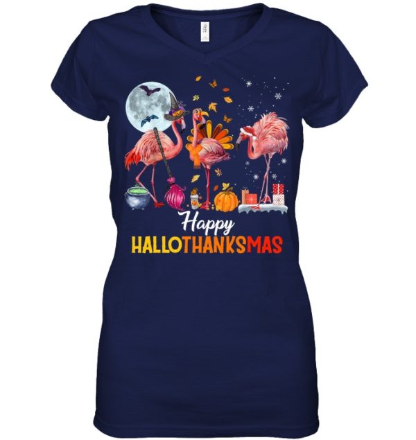 Flamingo Halloween And Merry Christmas Happy Hallothanksmas Shirt.