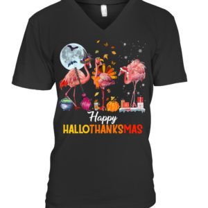 Flamingo Halloween And Merry Christmas Happy Hallothanksmas Shirt.