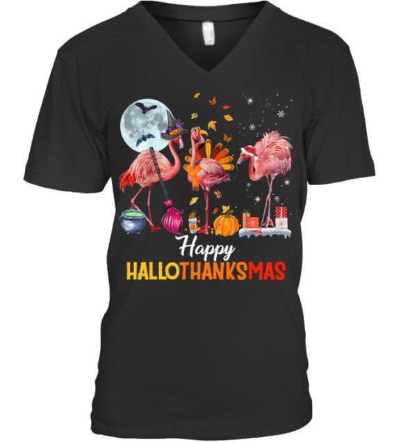 Flamingo Halloween And Merry Christmas Happy Hallothanksmas Shirt.