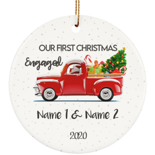 Our First Christmas Engaged Engagement Personalized Ceramic Circle Ornament