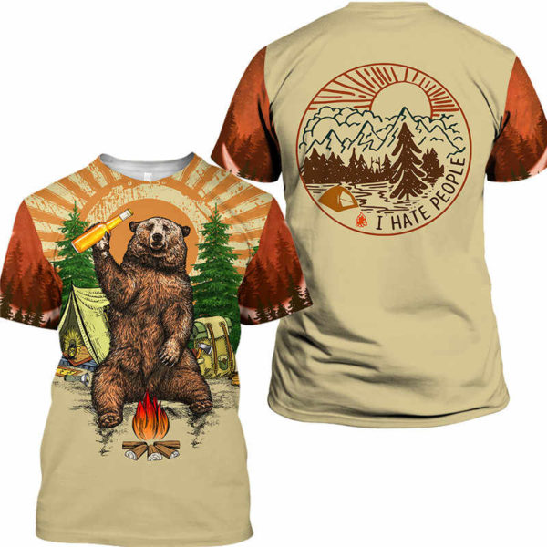 Bear Camping I Hate People 3D Printed Shirt