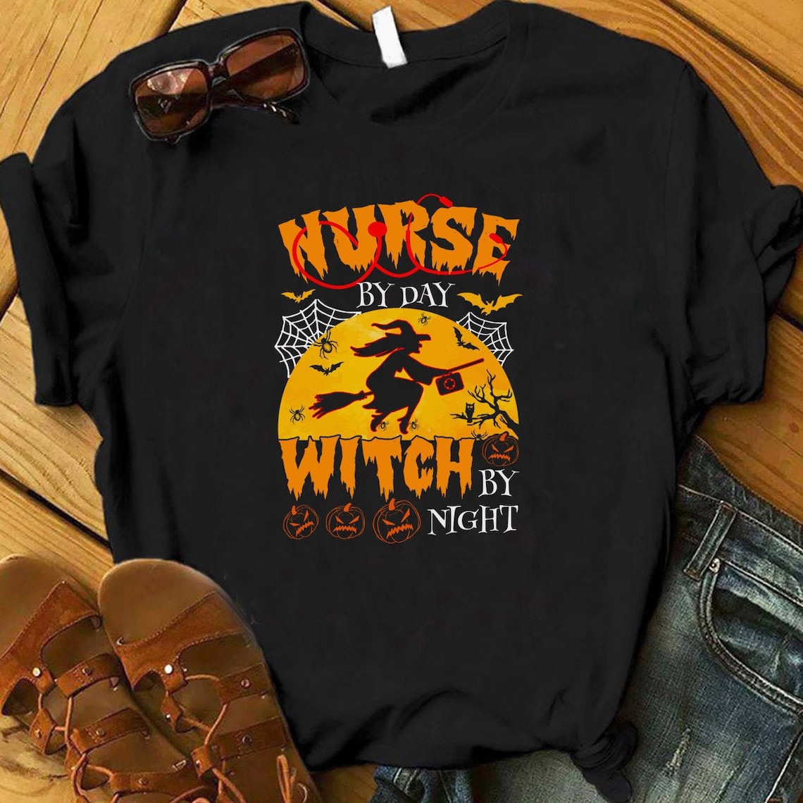 Nurse By Day Witch By Night Funny Nurse Halloween T Shirt