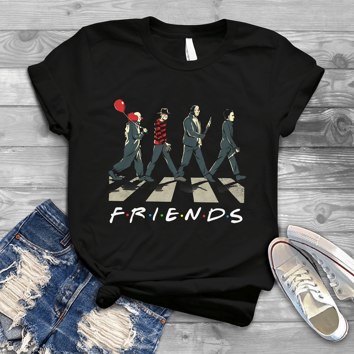 Friends Horror Movies Halloween Characters Crossing Road T Shirt