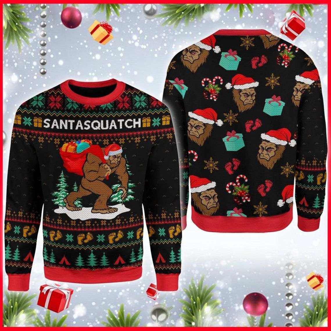 Christmas Santasquatch Camping Knitting Pattern 3D Fullprint Sweater