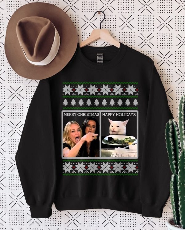 Woman Yelling at a Cat Ugly Christmas Sweatshirt