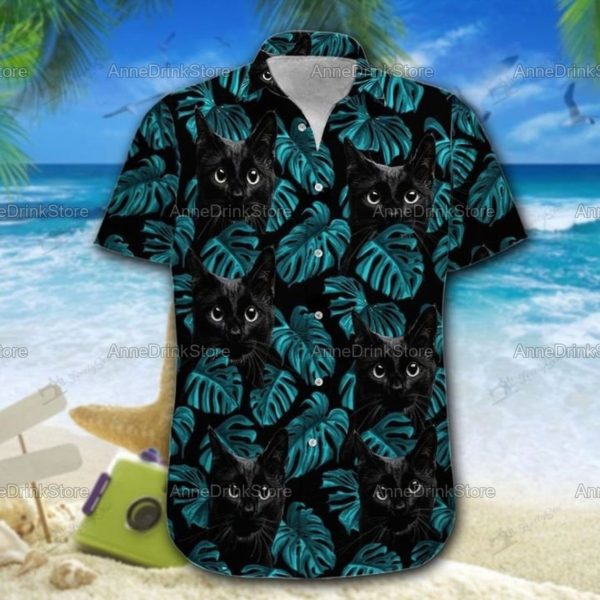 Tropical Leaves And Black Cat Hawaiian Shirt