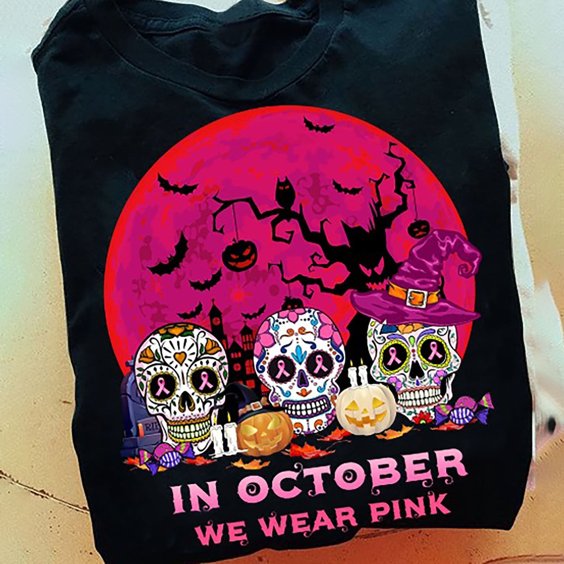 In October We Wear Pink Halloween Skull Breast Cancer Awareness T Shirt