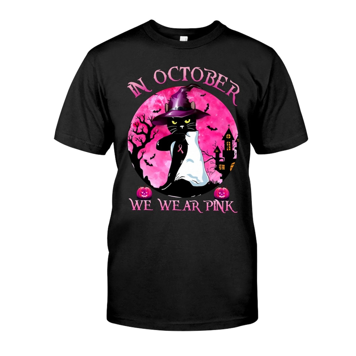 In October We Wear Pink Black Cat Halloween T Shirt