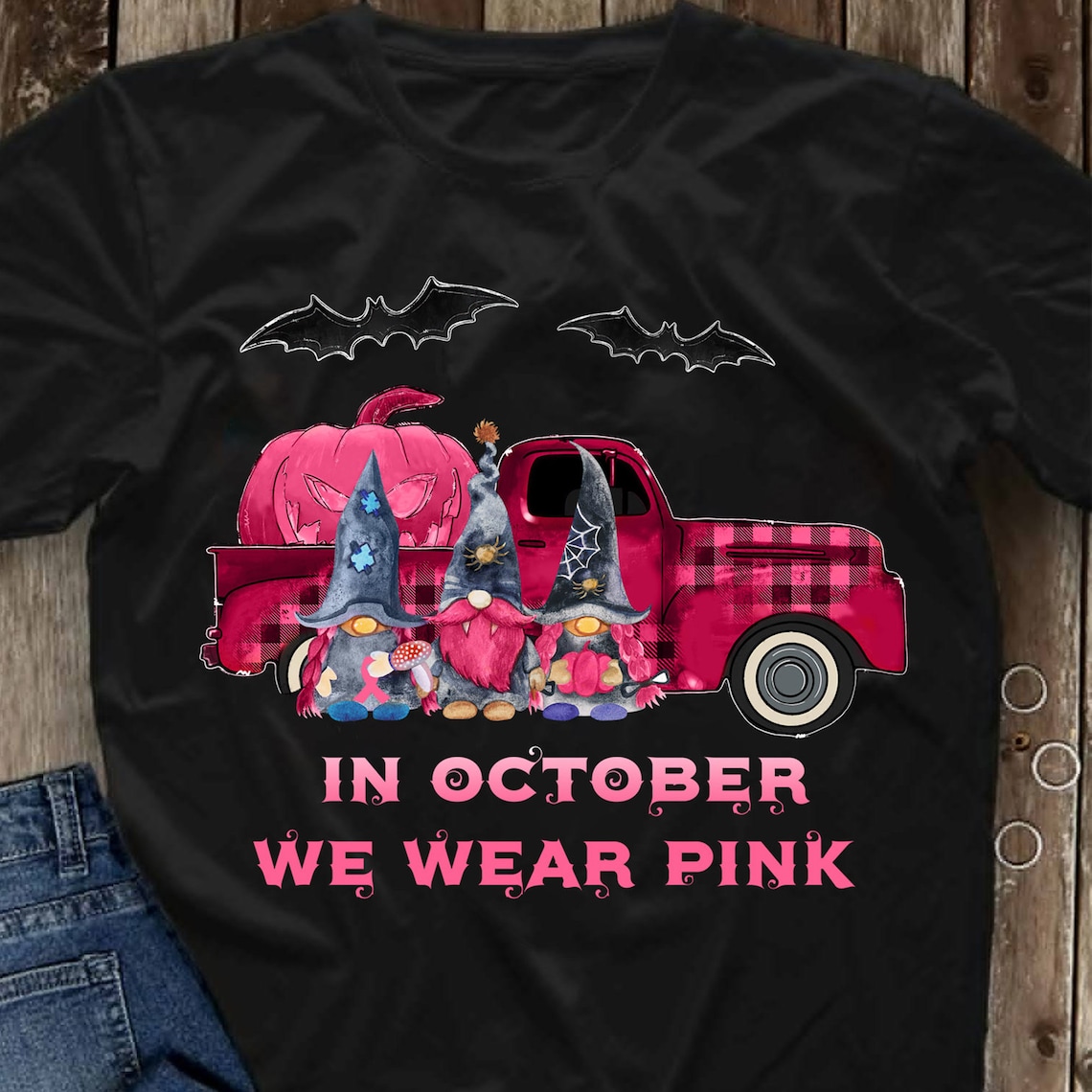 In October We Wear Pink Halloween Gnome Witch Pumpkin Truck Breast Cancer Shirt