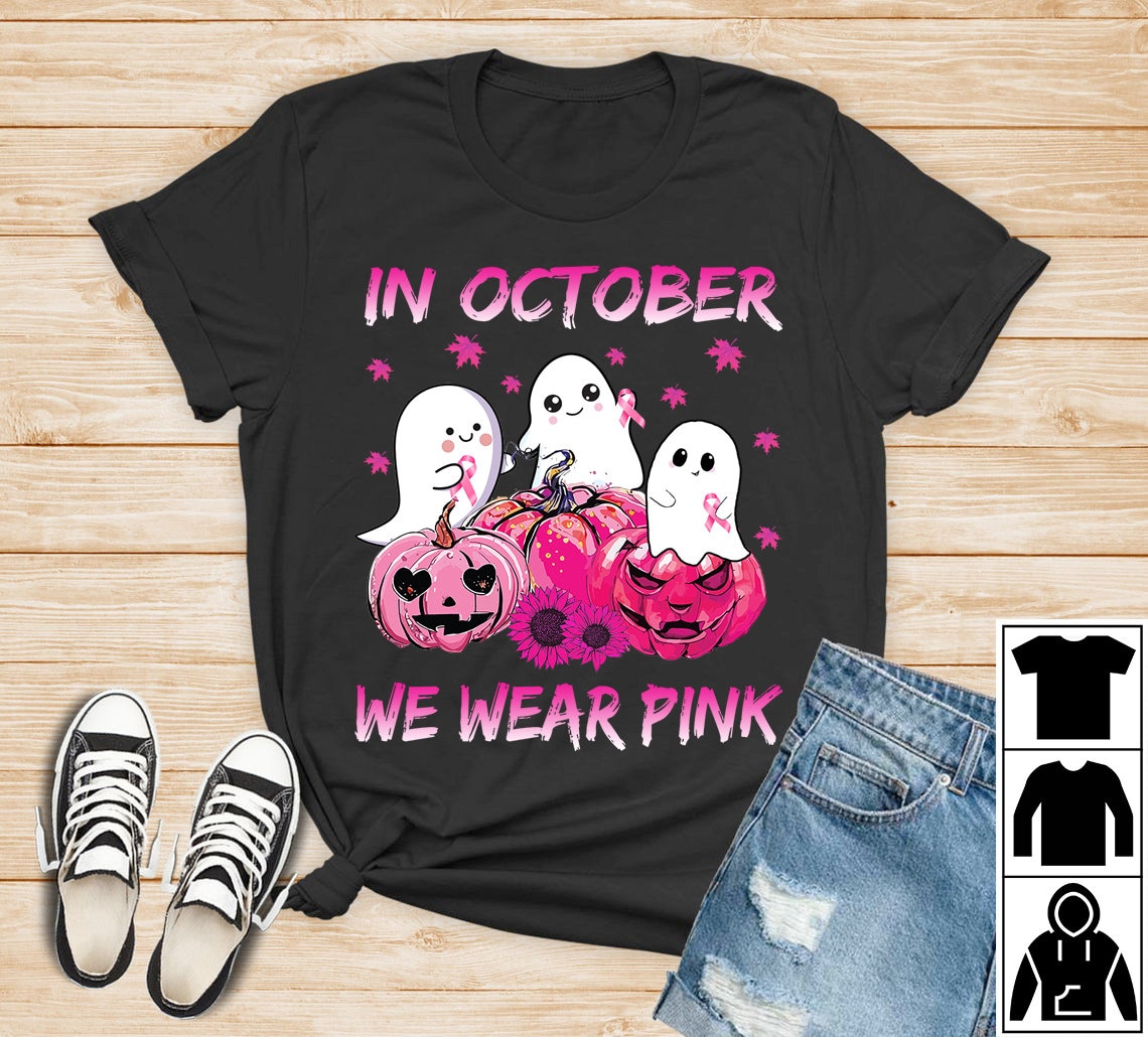 In October We Wear Pink Ghosts And Pumpkins Halloween Breast Cancer Shirt