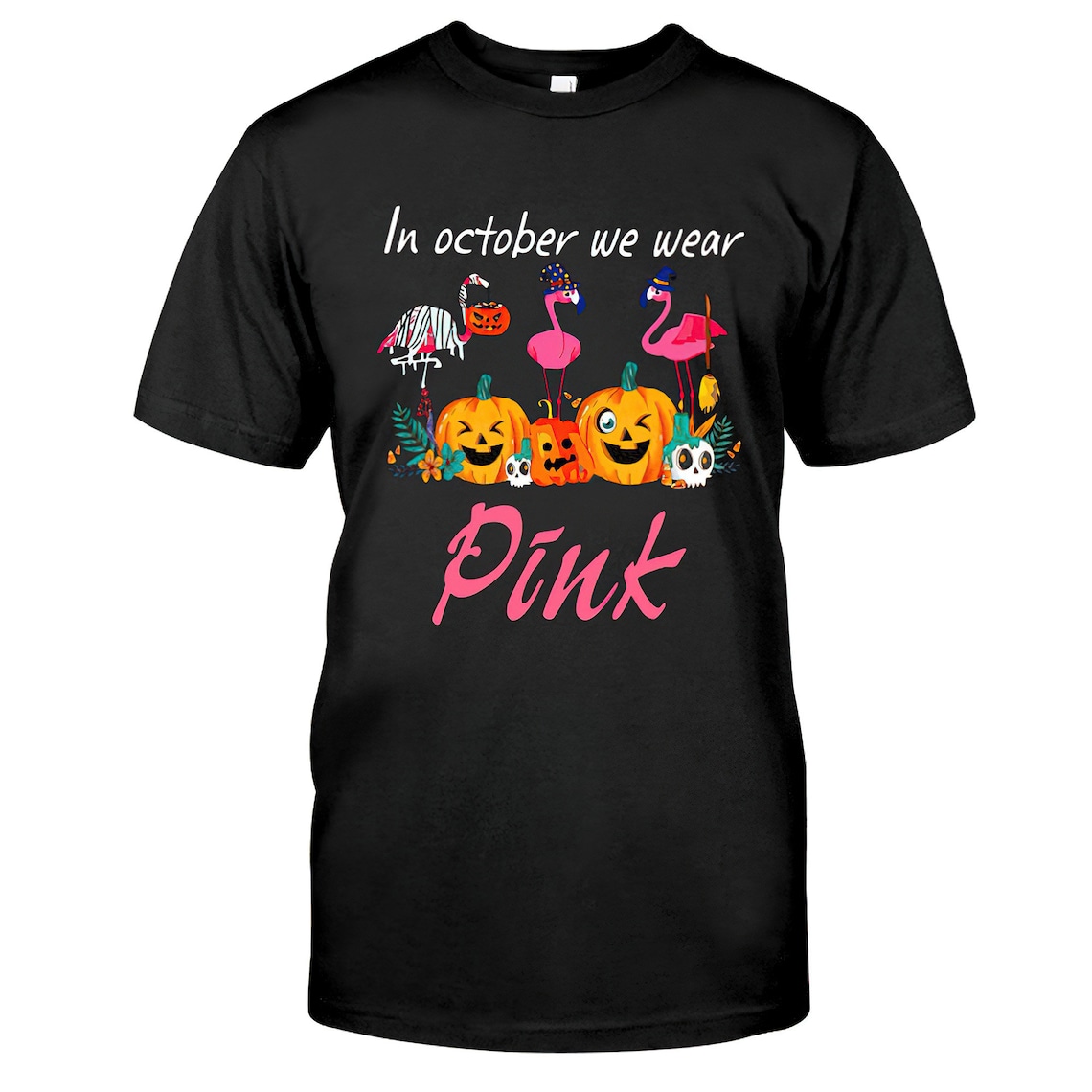 In October I Wear Pink Halloween Flamingo Breast Cancer Awareness T Shirt