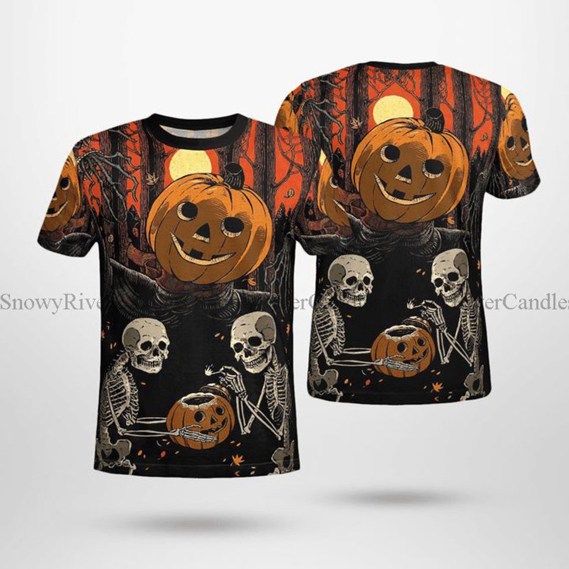 Scary Skeleton Halloween Scarecrow Pumpkin All Over Print 3D T Shirt