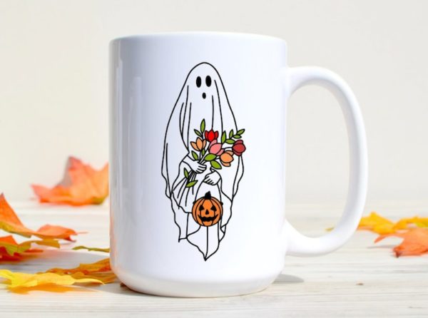 Cute Halloween Ghost with Flowers and Pumpkin Coffee Mugs