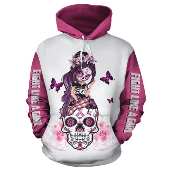 Breast Cancer Fight Like A Girl Sugar Skull 3D All Over Print Hoodie