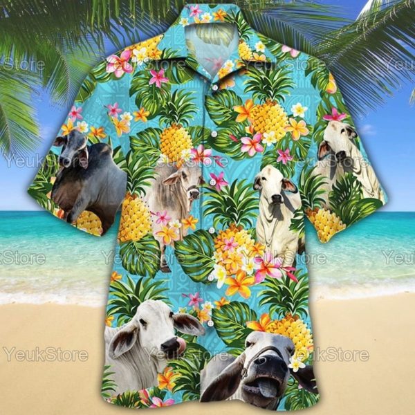 Brahman Cattle Pineapple Summer Tropical Hawaiian Shirt