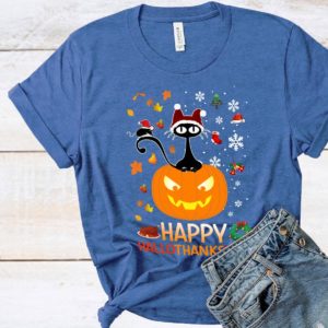 Black Cat And Pumpkin Happy Hallothanksmas Shirt