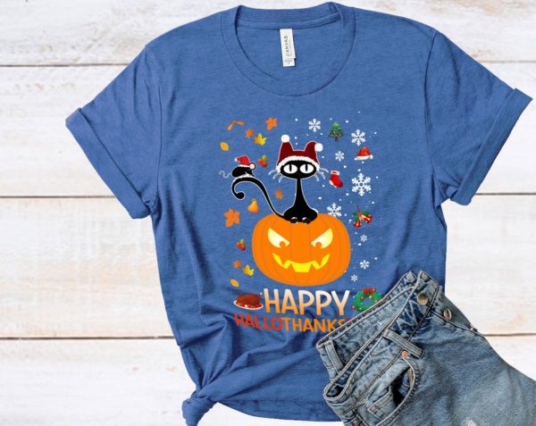 Black Cat And Pumpkin Happy Hallothanksmas Shirt