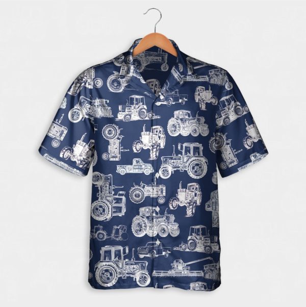Tractor Pattern White And Blue Hawaiian Shirt