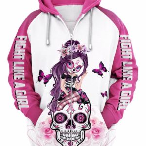 Breast Cancer Fight Like A Girl Sugar Skull 3D All Over Print Hoodie