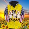 4th Of July Independence Day Corgi Lovers Sunflowers All Over Print 3D Hoodie