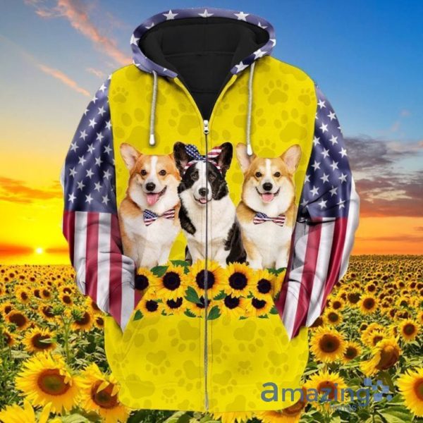 4th Of July Independence Day Corgi Lovers Sunflowers All Over Print 3D Hoodie