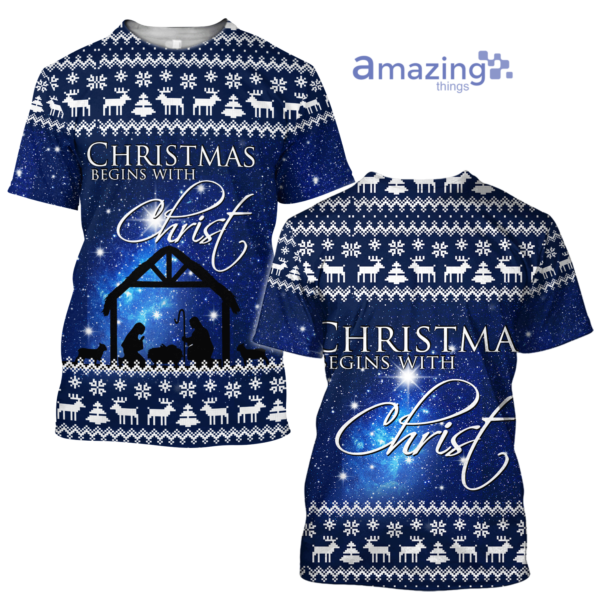 Christmas Begins With Christ Merry Xmas All Over Printed 3D Shirts - 3D T-Shirt - Royal