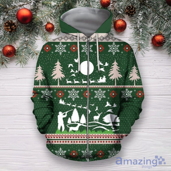 Deer And Duck Hunting Christmas All Over Printed 3D Shirts - 3D Zip Hoodie - Green