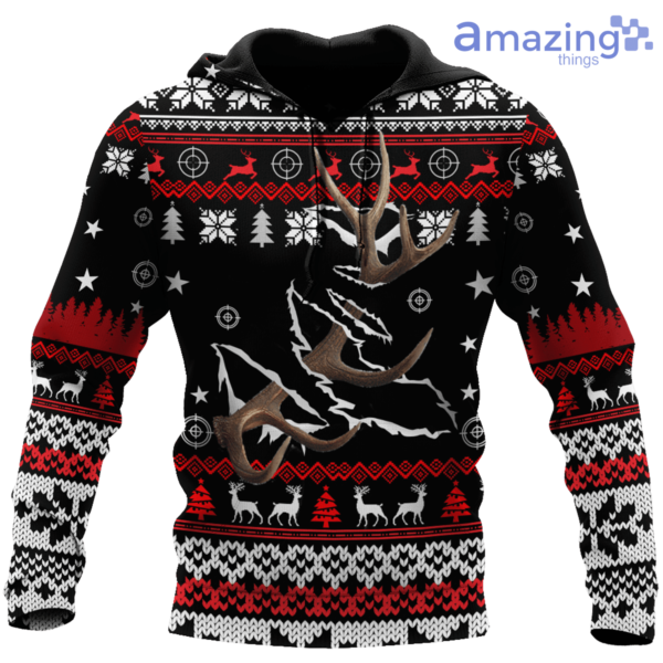 Deer Hunting knitting Pattern Ugly Christmas All Over Printed 3D Shirts - 3D Hoodie - Black