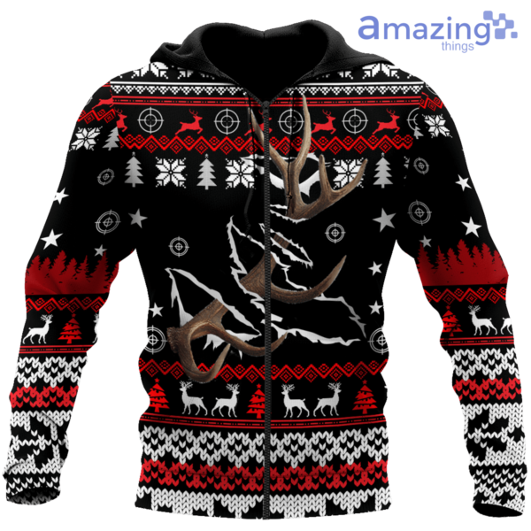 Deer Hunting knitting Pattern Ugly Christmas All Over Printed 3D Shirts - 3D Zip Hoodie - Black