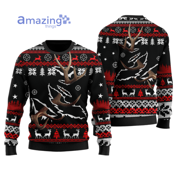 Deer Hunting knitting Pattern Ugly Christmas All Over Printed 3D Shirts - Sweater - Black