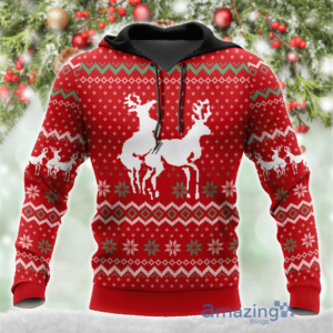 Funny Couple Deers Knitting Merry Christmas All Over Printed 3D Shirt image Funny Couple Deers Knitting Merry Christmas All Over Printed 3D Shirt - 3D Hoodie - Red
